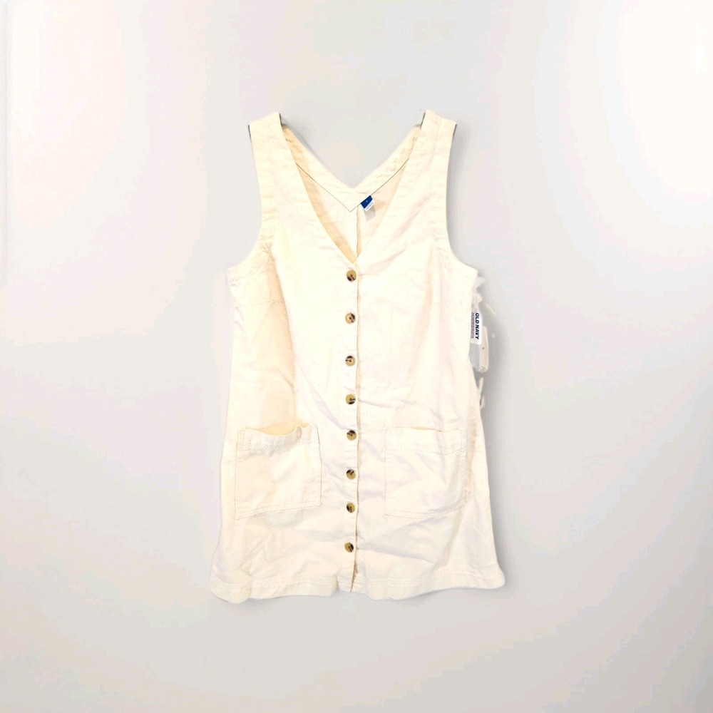 Old Navy White Cotton Denim V-Neck Sleeveless Button Front Pocket Mini Dress S